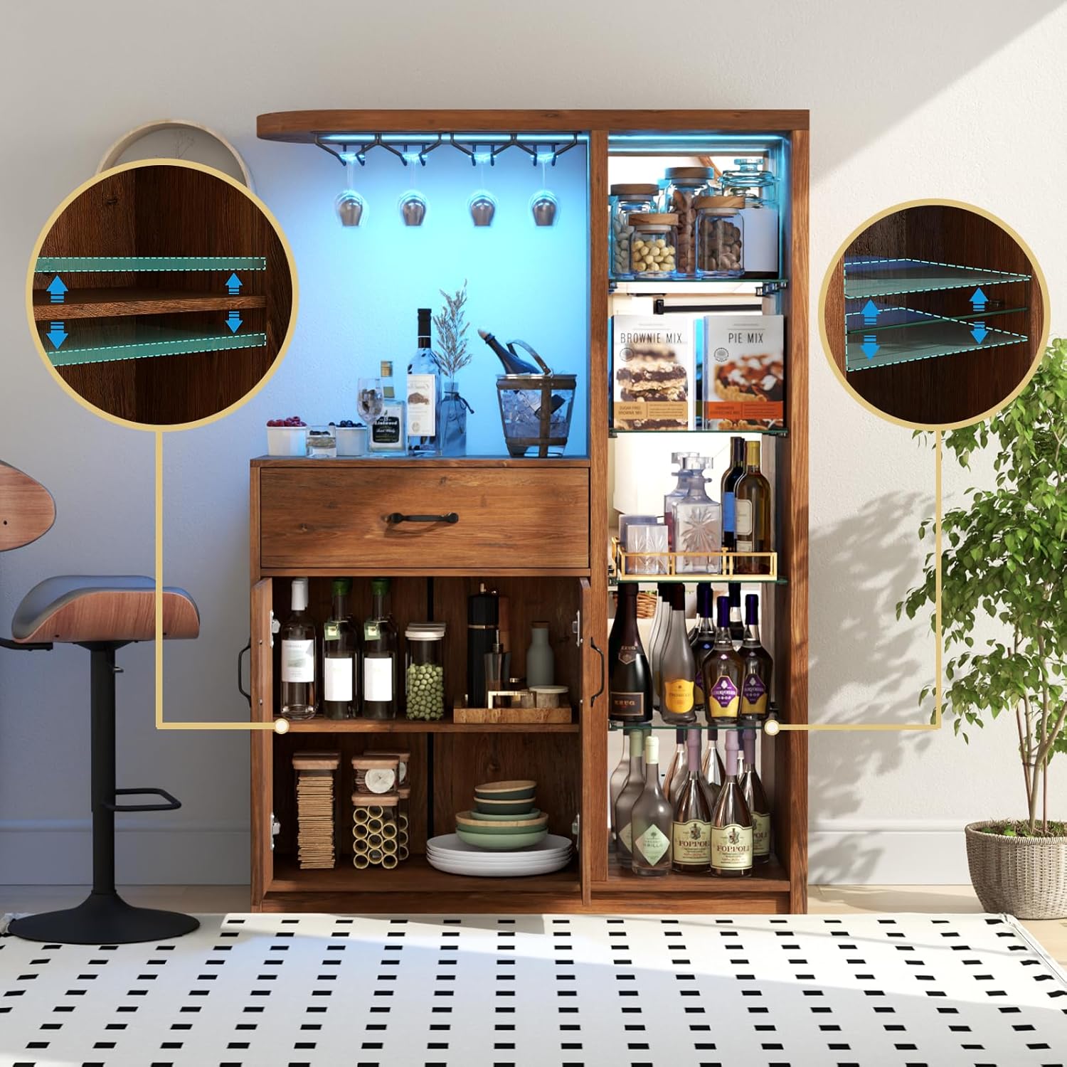 Bar Cabinet with LED Light,Wine Cabinet with Wine Glass Holder,Liquor Cabinet with Glass Display Cabinet,Coffee Bar with Storage and 2 Drawers,Bar Island for Home Dining Room (Vintage Brown)