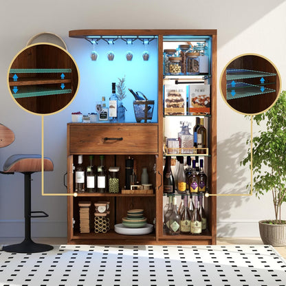 Bar Cabinet with LED Light,Wine Cabinet with Wine Glass Holder,Liquor Cabinet with Glass Display Cabinet,Coffee Bar with Storage and 2 Drawers,Bar Island for Home Dining Room (Vintage Brown)