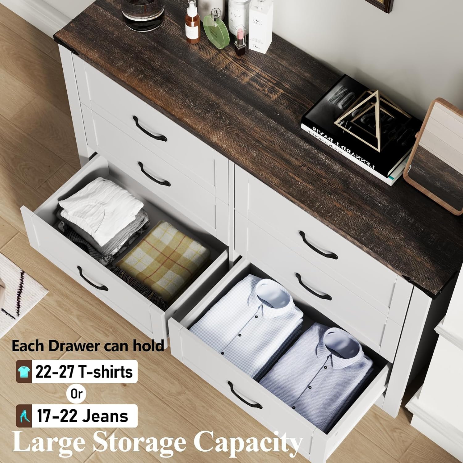 Farmhouse 6 Drawer Dresser for Bedroom, Wood Dresser Chest of Drawers, Wide Dressers Organizer with Metal Handles, Natural Texture Storage Cabinet for Closet, Living Room, Hallway (White)