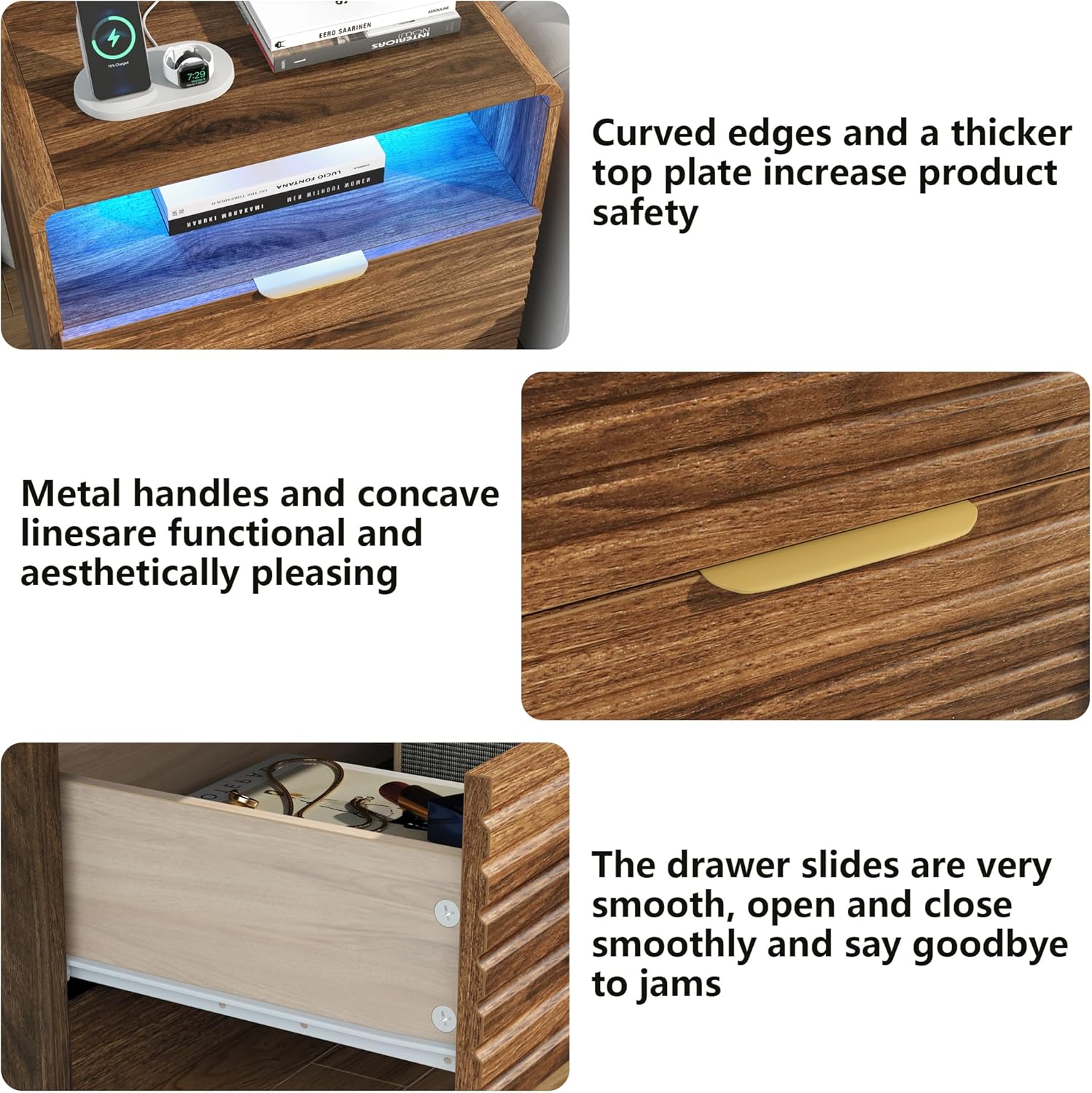 Fluted Nightstand with Charging Station & LED Lights, 2-Drawer White Bedside Table with Open Shelf
