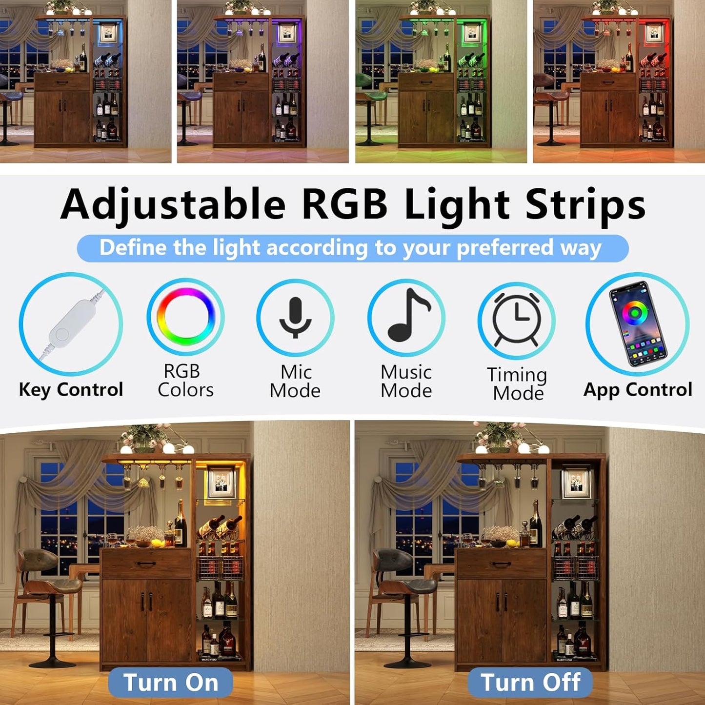 Bar Cabinet with LED Light,Wine Cabinet with Wine Glass Holder,Liquor Cabinet with Glass Display Cabinet,Coffee Bar with Storage and 2 Drawers,Bar Island for Home Dining Room (Vintage Brown)