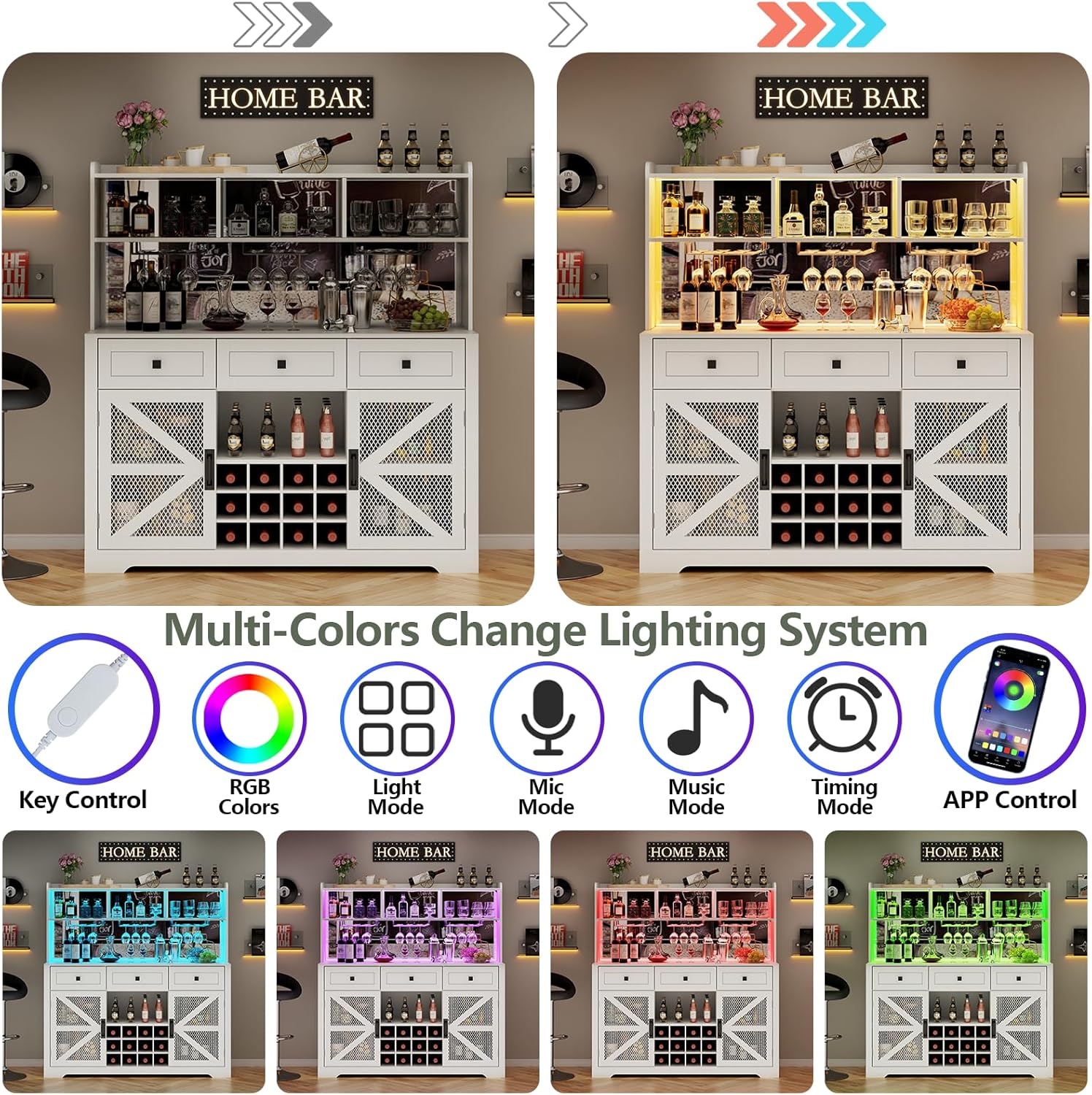 Wine Bar Cabinet with LED Lights, Farmhouse Coffe Bar with Mirror, 3 Drawers & Wine Rack, Kitchen Buffet Sideboard with Storage & Glass Holder, Liquor Cabinet Hutch (53.66" Tall)