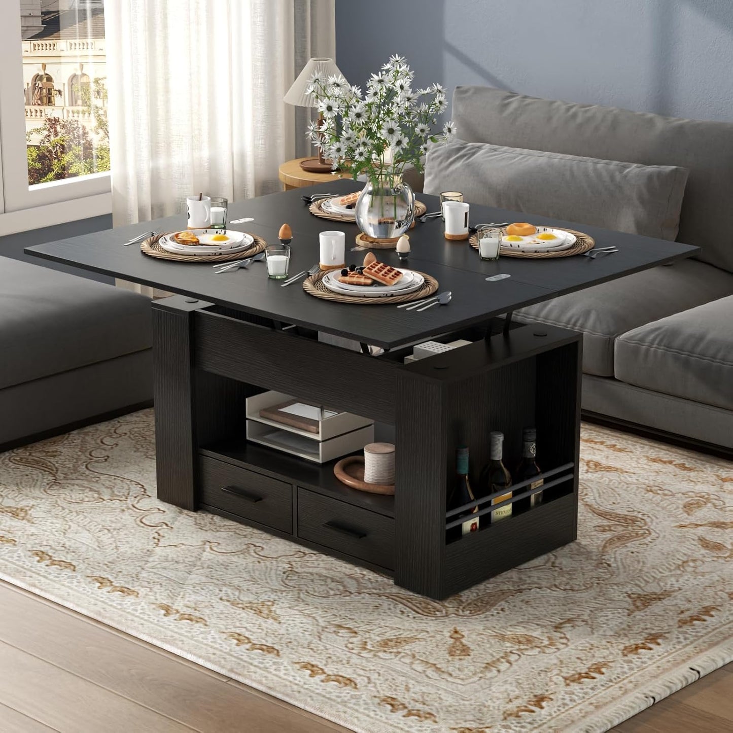 Lift Top Coffee Table, 4 in 1 Multi-Function Coffee Table with Storage Shelf and Hidden Compartment, Center Table with Large Drawers, Converts to Dining Table for Living Room, Home Office (Black)