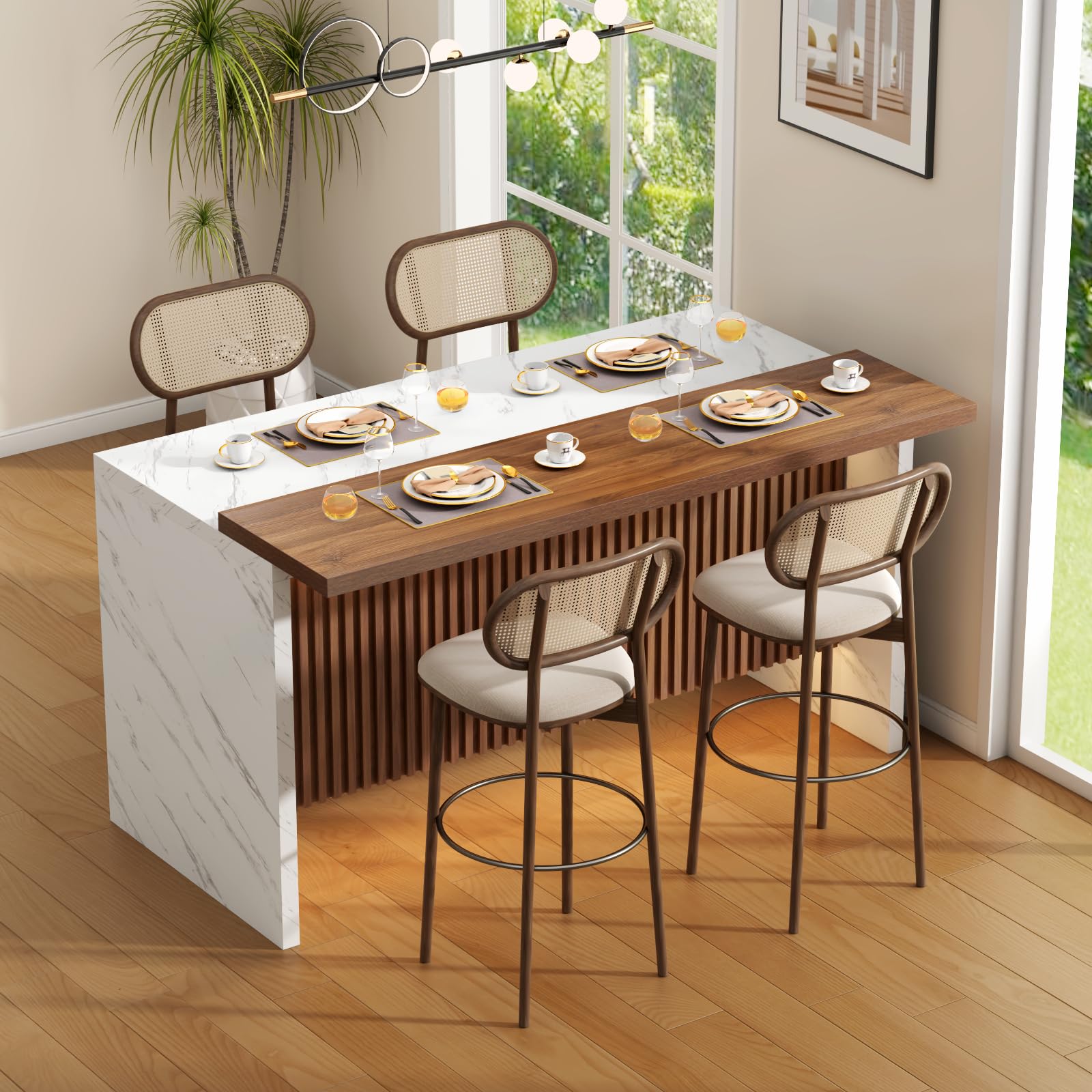 63" Large Imitation Marble Dining Table for 4-6 People(Patent Pending),Island Table with LED Lights, Mordern Marble Stripes Kitchen Dining Table with Grille design for Dining Room,Living Room (White)