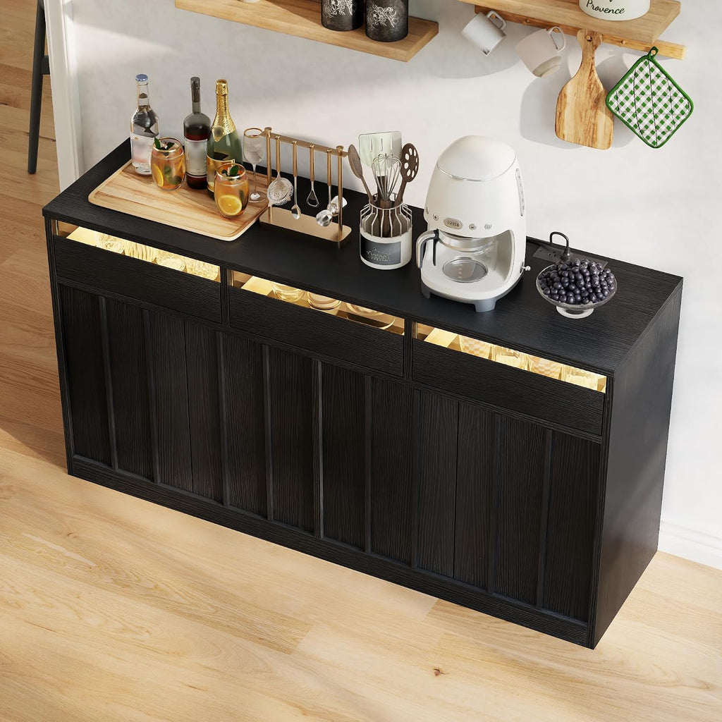 55'' Modern Buffet Cabinet with Outlet & Led, Black Sideboard with Drawer
