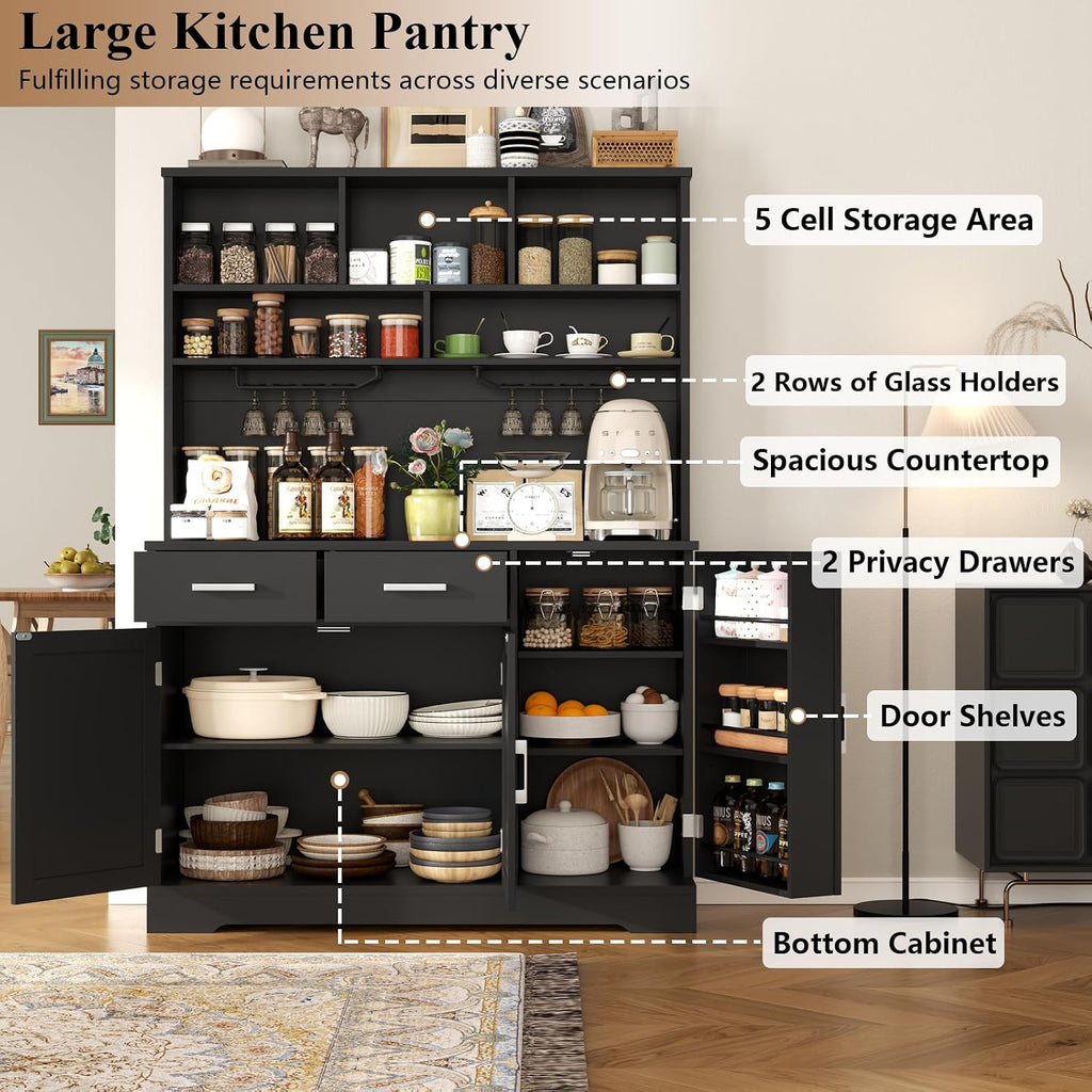 Tall Pantry Cabinet with Darwers, Modern Kitchen Hutch with Microwave Stand