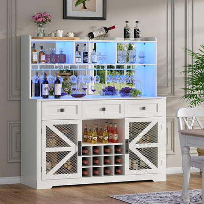 Farmhouse Wine Bar Cabinet with LED Lights, Kitchen Coffee Bar Cabinet with Acrylic Mirror, Wine & Glass Rack, Storage Shelves and 3 Drawers (2-Tier Hutch)