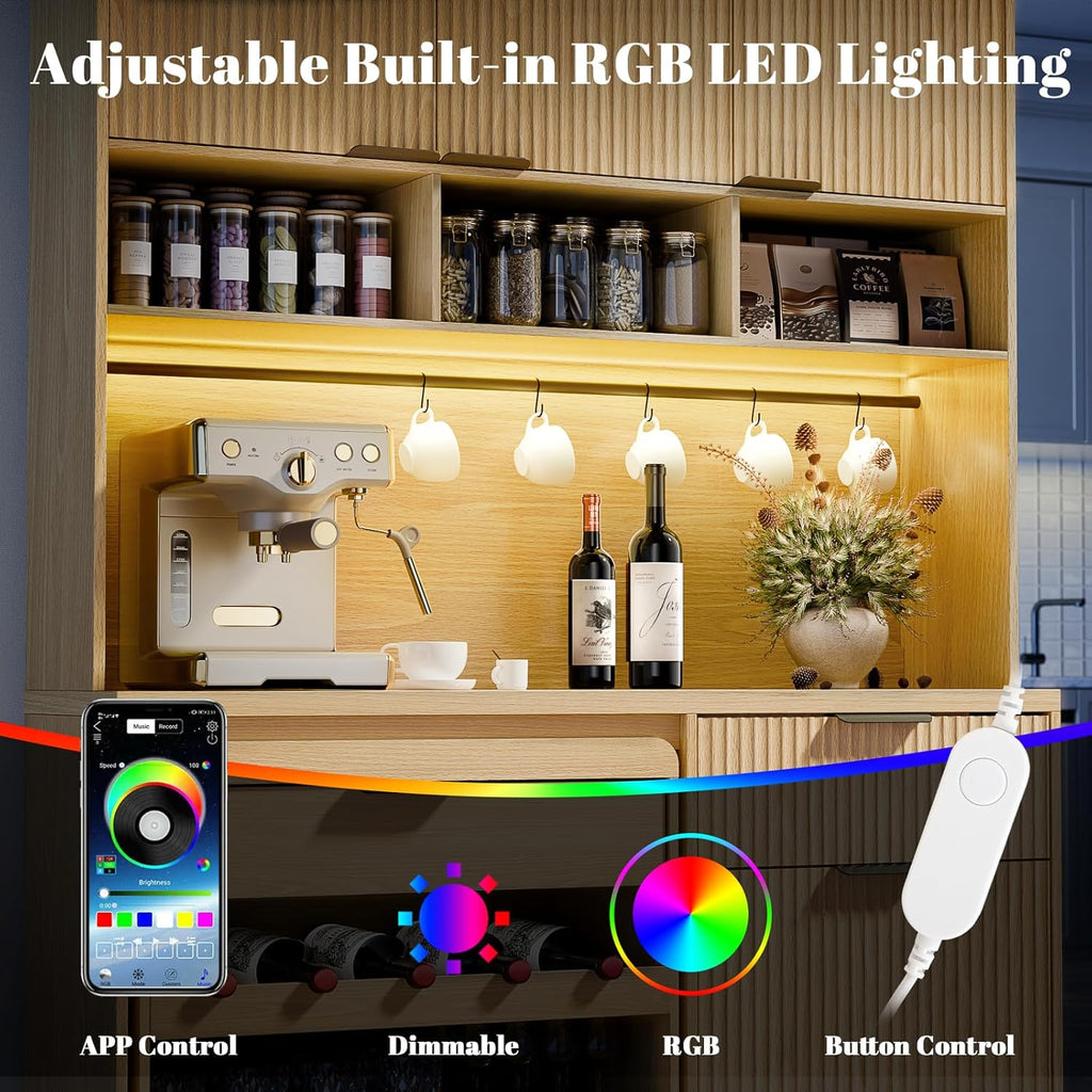71" Tall Pantry Cabinet with Wine Cabinet Cart, Kitchen Storage Cabinets with LED Light & Charging Station, Kitchen Hutch with Microwave Stand, Freestanding Food Pantry with for Dining Room, Natural