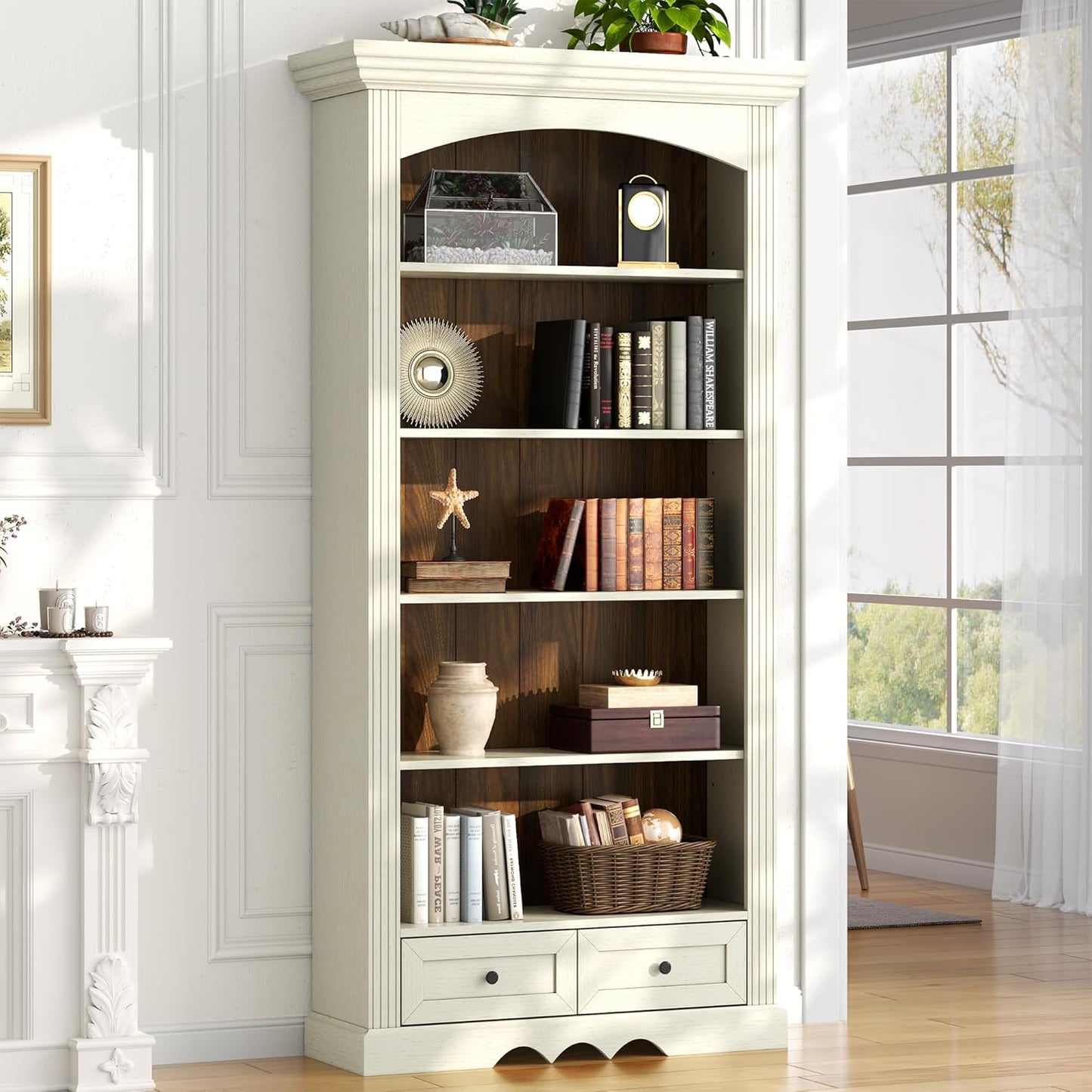 71’’ Tall Arched Bookcase with Stroage, Farmhouse 5-Tier Arch Bookshelf with Drawers, Freestanding Book Shelf with Adjustable Shelf and Roman Column Pattern for Home Office (1, White)