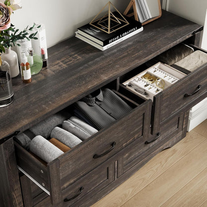 Farmhouse Dresser for Bedroom, Chest of Drawers with Natural Texture, Accent Storage Cabinet for Closet,Living Room (Dark Rustic Oak, 15.7" D x 46.4" W x 30.8" H(6 Drawers))