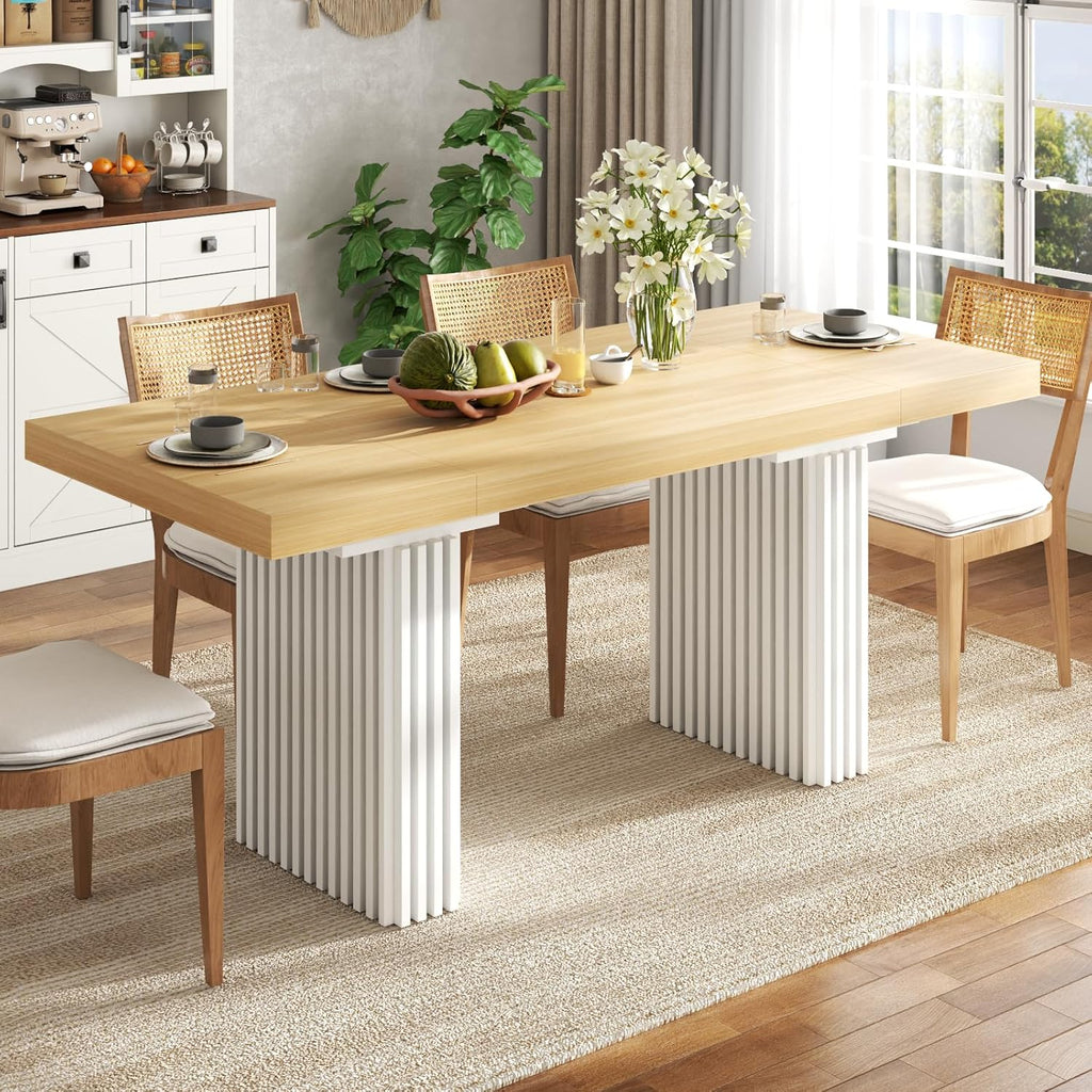 71" Large Dining Table for 6-8,Wood Dining Room Tables with Strip Base,Modern Rectangle Kitchen Table with Heavy Duty Legs for Kitchen, Dining Room (Natural)