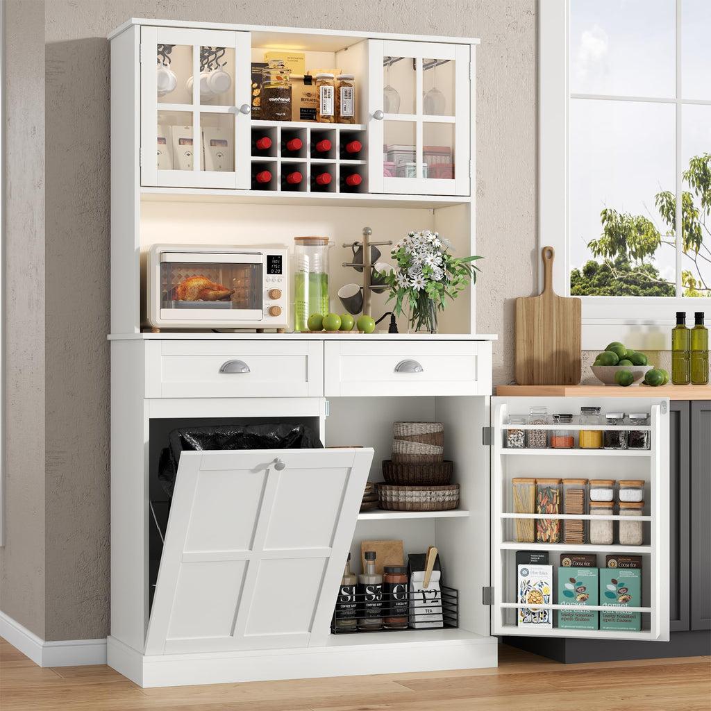 Kitchen Pantry Cabinet with Double Tilt Out Trash Cabinet, 68" Tall Storage Cabinets with 2 Drawers & Hutch, 20 Gallon Hidden Trash Can Cabinets, Kitchen Cupboard with Microwave Coffee Stand
