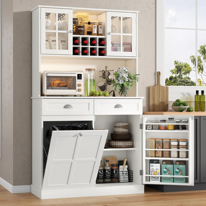 Kitchen Pantry Cabinet with Double Tilt Out Trash Cabinet, 68" Tall Storage Cabinets with 2 Drawers & Hutch, 20 Gallon Hidden Trash Can Cabinets, Kitchen Cupboard with Microwave Coffee Stand
