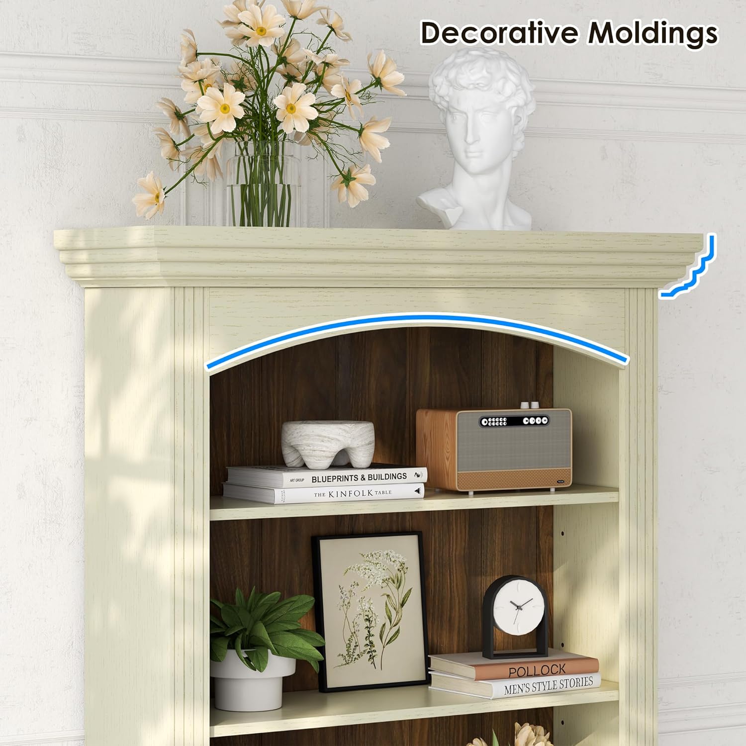 71’’ Tall Arched Bookcase with Stroage, Farmhouse 5-Tier Arch Bookshelf with Drawers, Freestanding Book Shelf with Adjustable Shelf and Roman Column Pattern for Home Office (1, White)