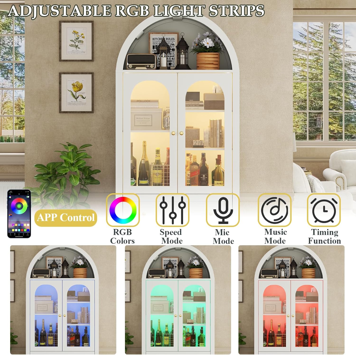 70" Tall Arched Bookcase with LED Lights, Modern Curved Cabinet with Glass Door, Arched Bookshelf Cabinet with 2 Storage Drawers, Display Storage Cabinet with Adjustable Shelves for Living Room,White