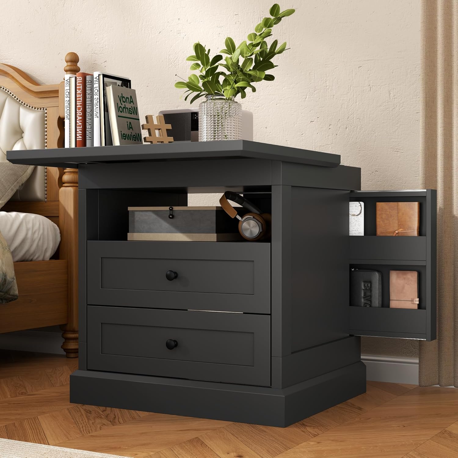 Nightstand with Hidden Storage Space, Night Stand, End Table with Side Drawer, Bedside Table with Open Shelf, 2 Drawers Dresser for Bedroom, Living Room, Closet (Black)