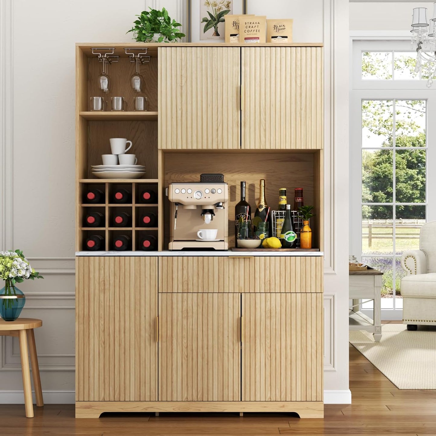 Loomie 72” Tall Kitchen Pantry Cabinet, Fluted Storage Cabinet with Microwave Stand, Wine Bar Cabinet with Storage Hutch, Buffet Sideboard with Drawer & Wine Rack for Dining Room, Natural (Natural)