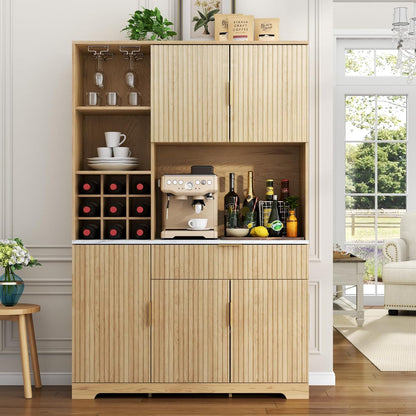 Loomie 72” Tall Kitchen Pantry Cabinet, Fluted Storage Cabinet with Microwave Stand, Wine Bar Cabinet with Storage Hutch, Buffet Sideboard with Drawer & Wine Rack for Dining Room, Natural (Natural)