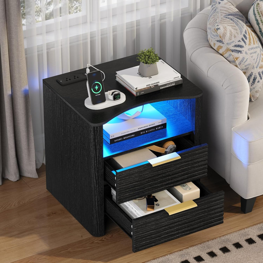Fluted Nightstand with Charging Station & LED Lights, 2-Drawer White Bedside Table with Open Shelf