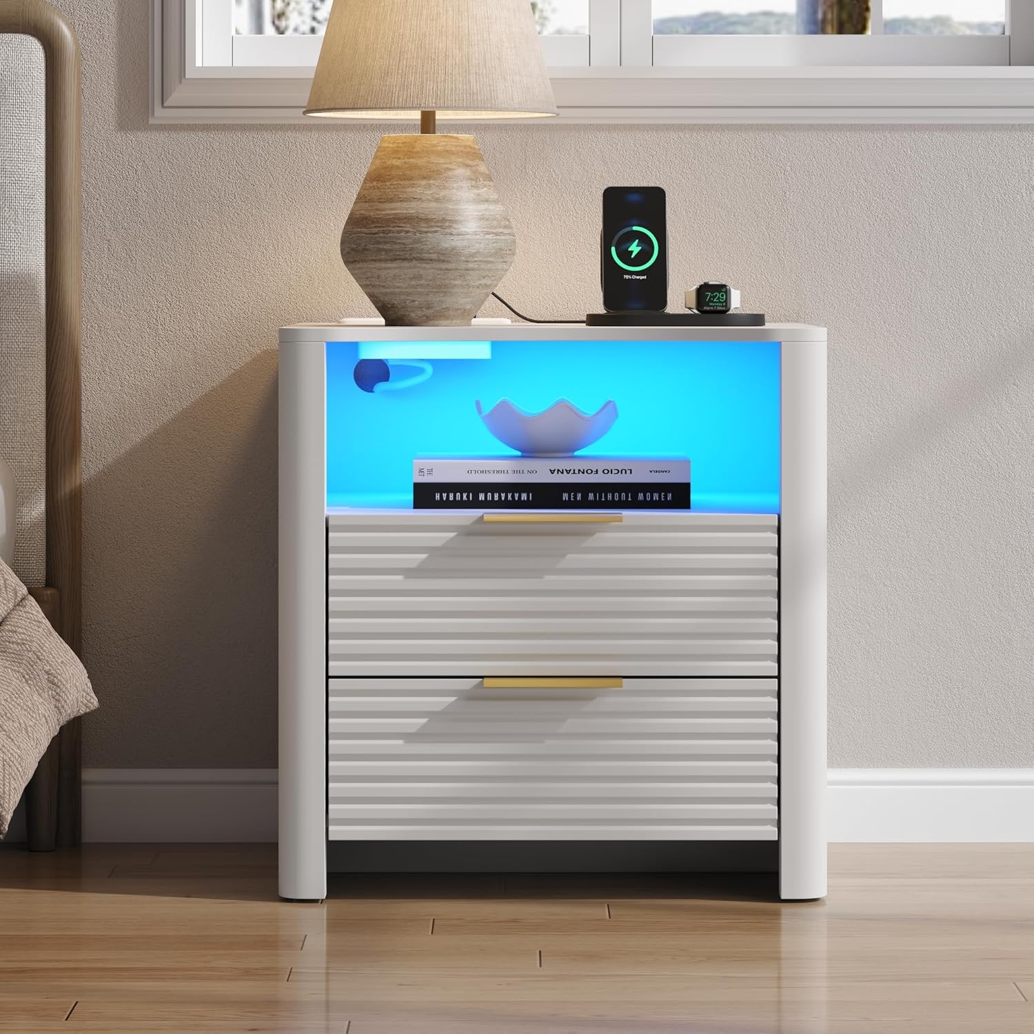 Fluted Night Stand with Charging Station, White Nightstand with LED Lights, Modern Bedside Table with 2 Large Drawers, End Table with Open Storage Shelf, Night Stands for Bedroom, Living Room