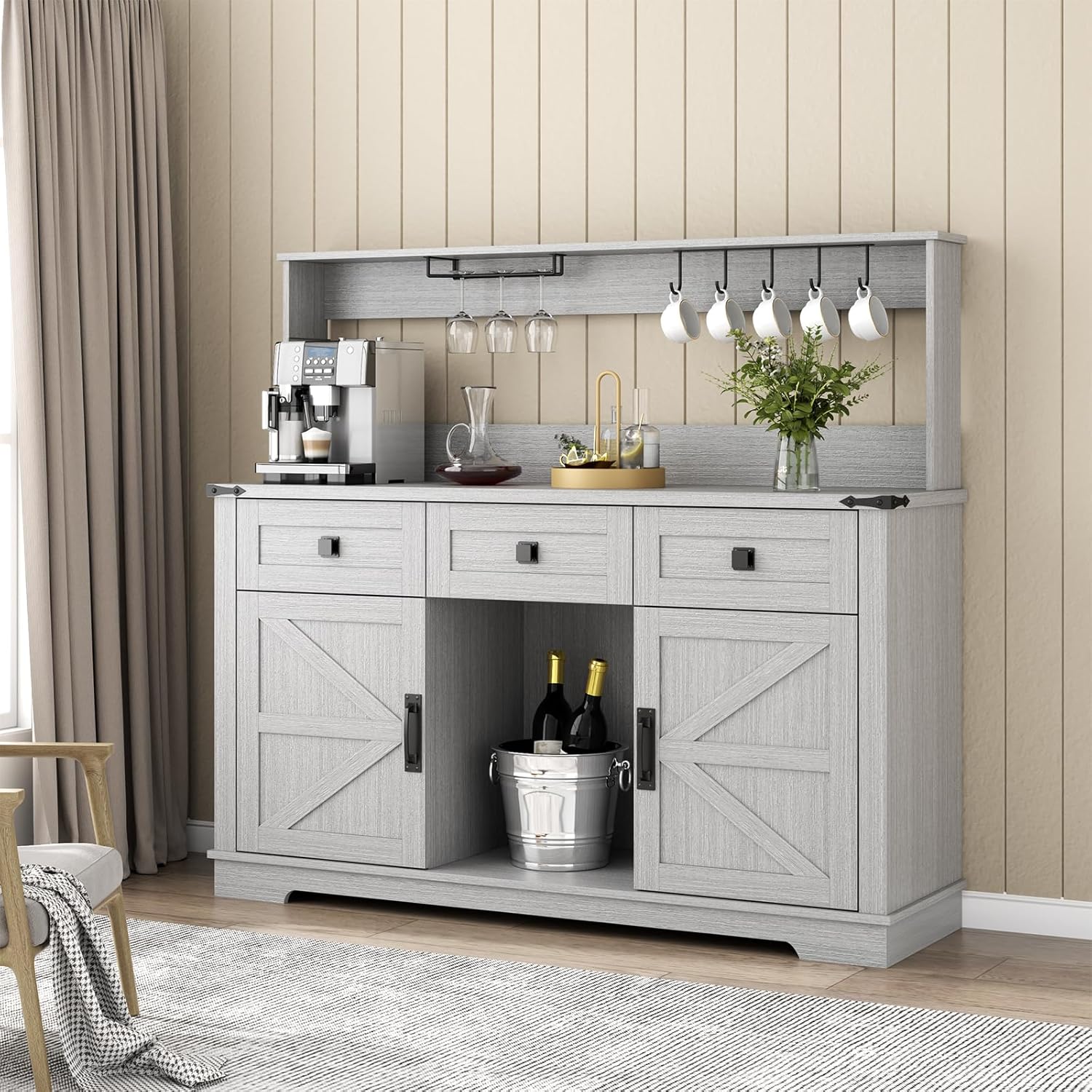 Farmhouse Bar Cabinet with Hutch, Kitchen Buffet Cabinet with Storage Cabinet & 3 Sliding Drawers, Adjustable Shelf, Goblet Holder, Cup Hooks for Living Room, Dining Room Use (Grey)