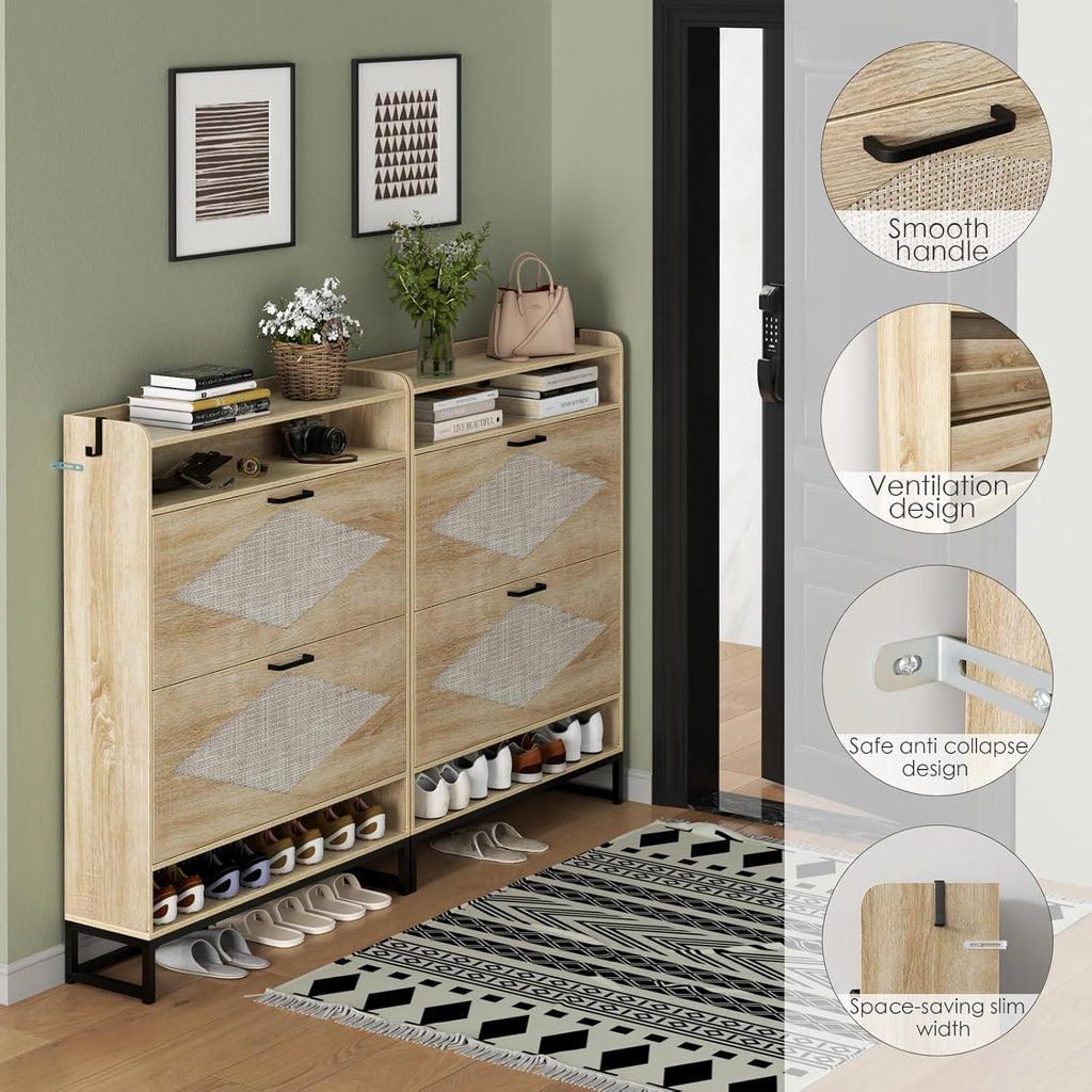 Shoe Cabinet with 2 Flip Drawers, Free Standing Shoe Storage Organizer Cabinet with Rattan Doors for Entryway, Narrow Shoe Rack Cabinet (Natural)