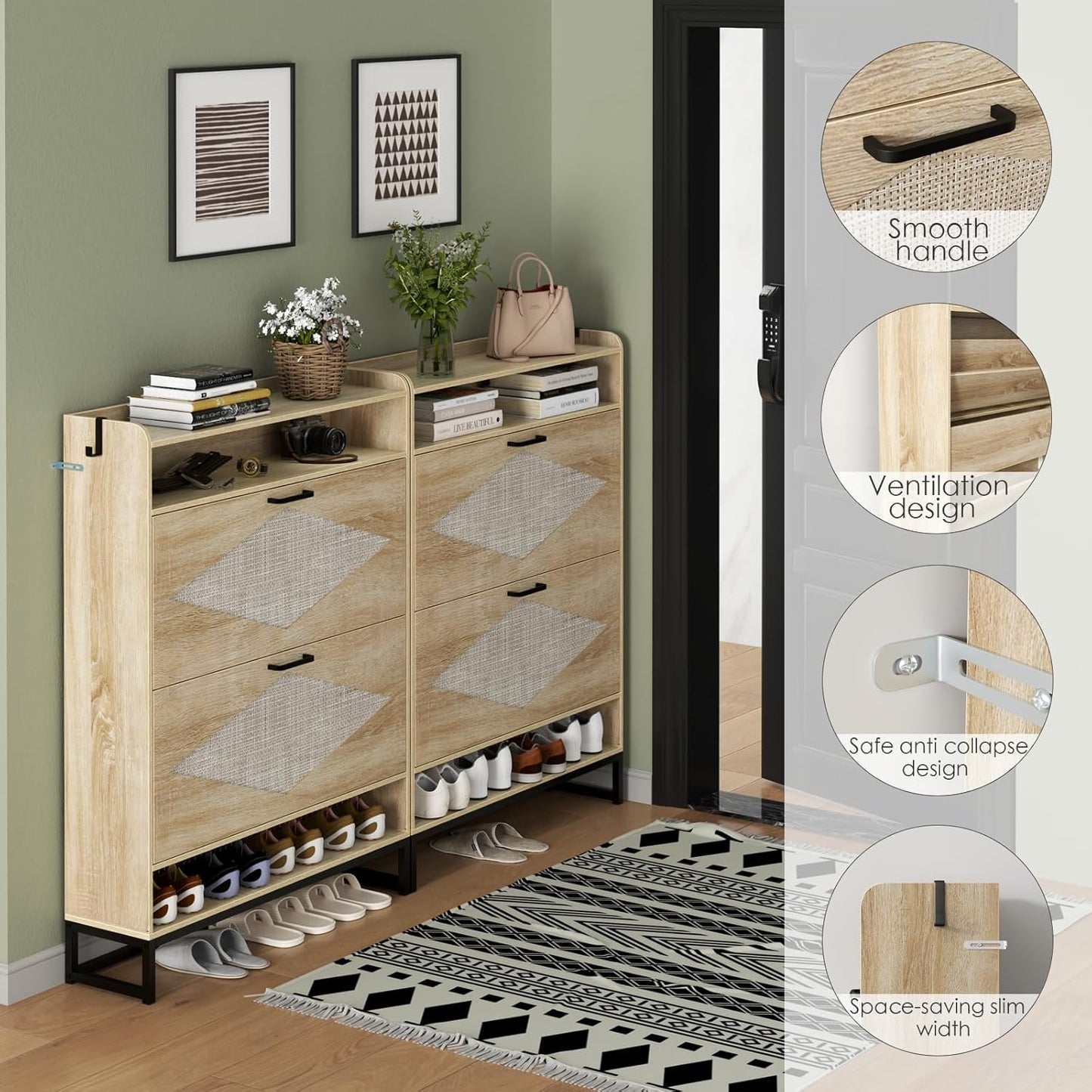Shoe Cabinet with 2 Flip Drawers, Free Standing Shoe Storage Organizer Cabinet with Rattan Doors for Entryway, Narrow Shoe Rack Cabinet (Natural)