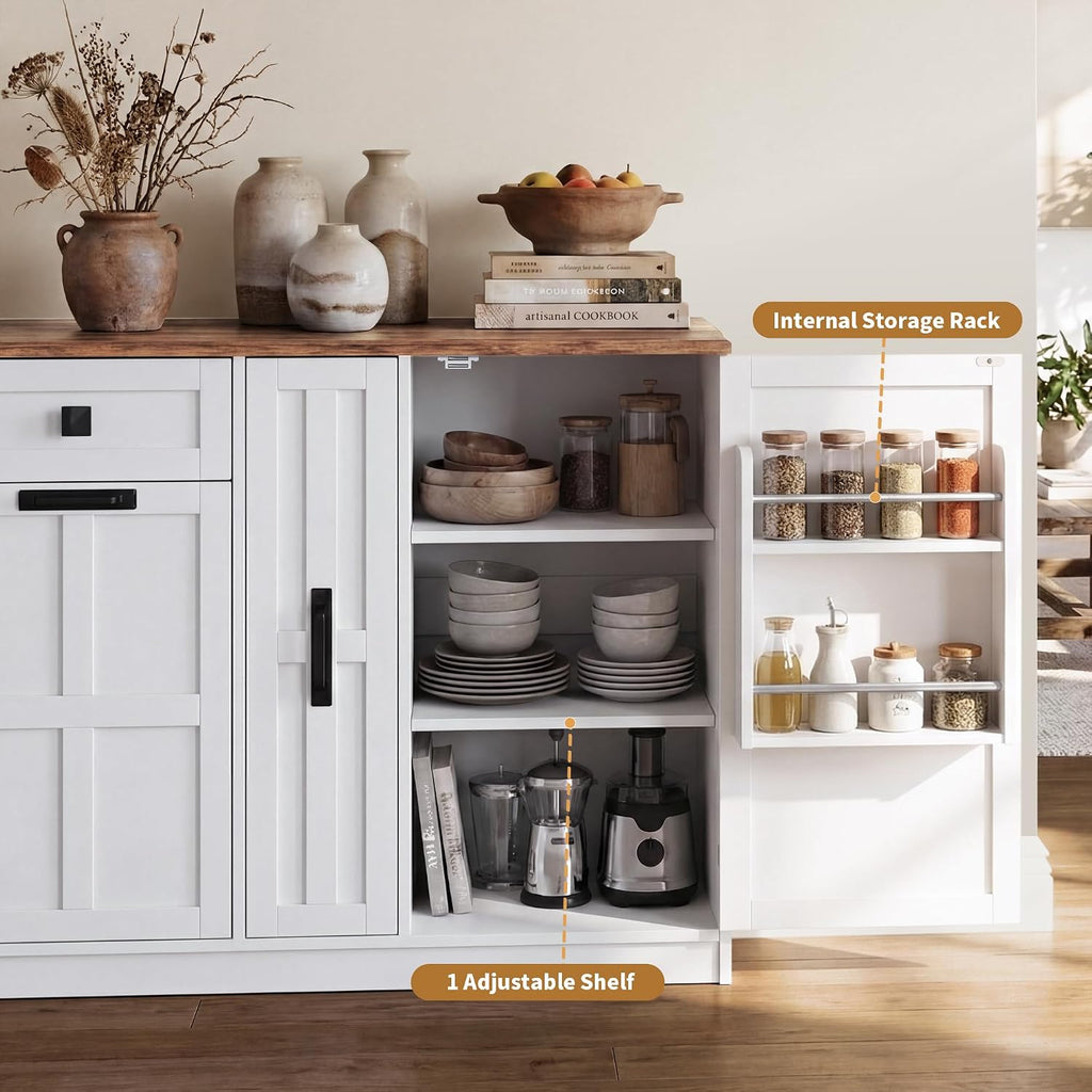 Corner Cabinet with Countertop, Kitchen Pantry Cabinet with Hidden Trash Storage Cabinet & 3-Tier Spice Rack, Farmhouse L-Shaped Sideboard with Doors & Adjustable Shelf for Dining Room, White