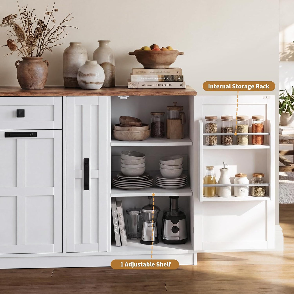 Corner Cabinet with Countertop, Kitchen Pantry Cabinet with Hidden Trash Storage Cabinet & 3-Tier Spice Rack, Farmhouse L-Shaped Sideboard with Doors & Adjustable Shelf for Dining Room, White