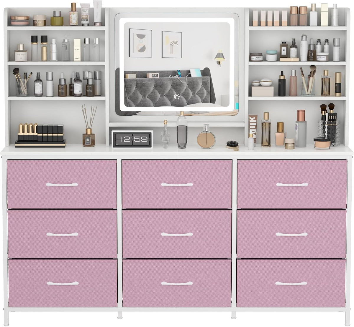 9 Drawers Dresser with LED Mirror for Bedroom, 59" W Chest of Drawers