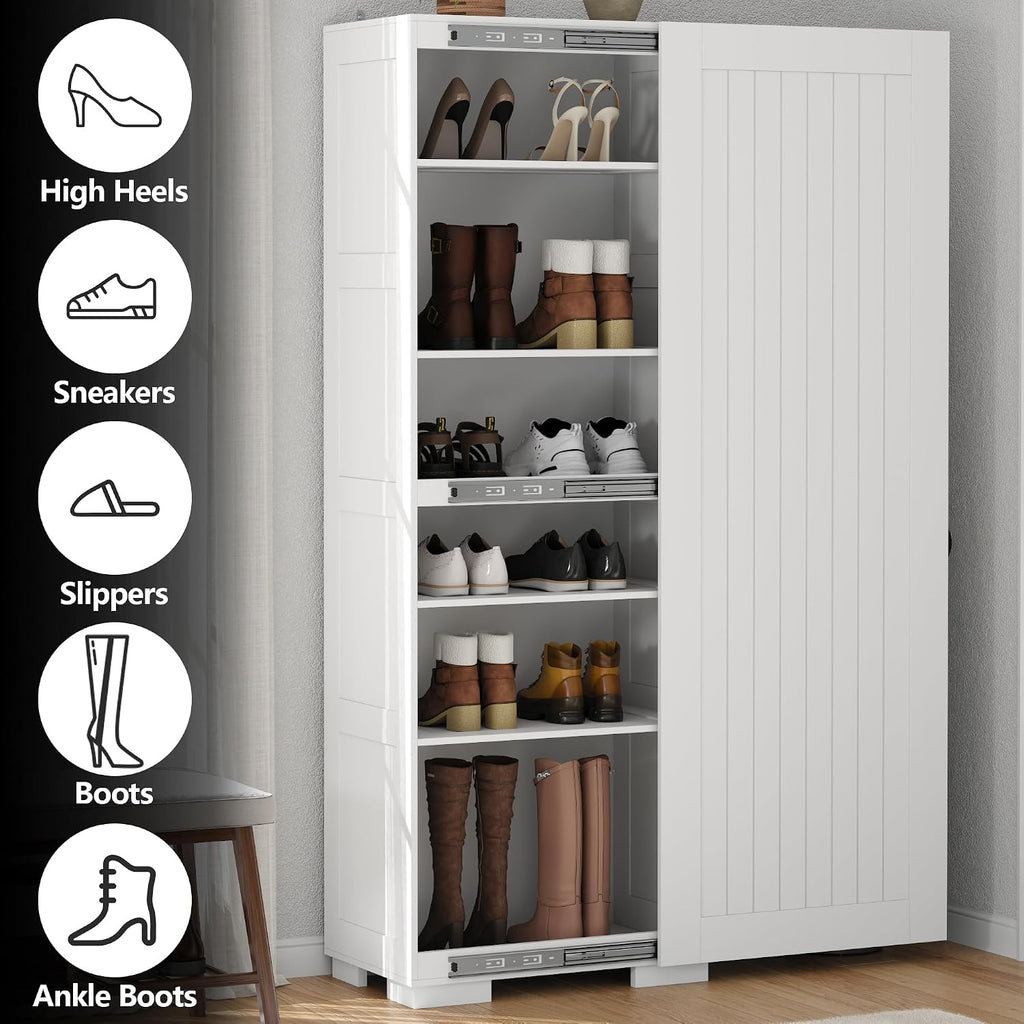 Shoe Storage Cabinet, Tall Shoes Cabinets with Doors, Shoe Organizer Cabinets with Adjustable Shelves, Freestanding Shoe Rack Cabinet with Hooks, Morden Shoe Cabinet storage for Entryway, Hallway