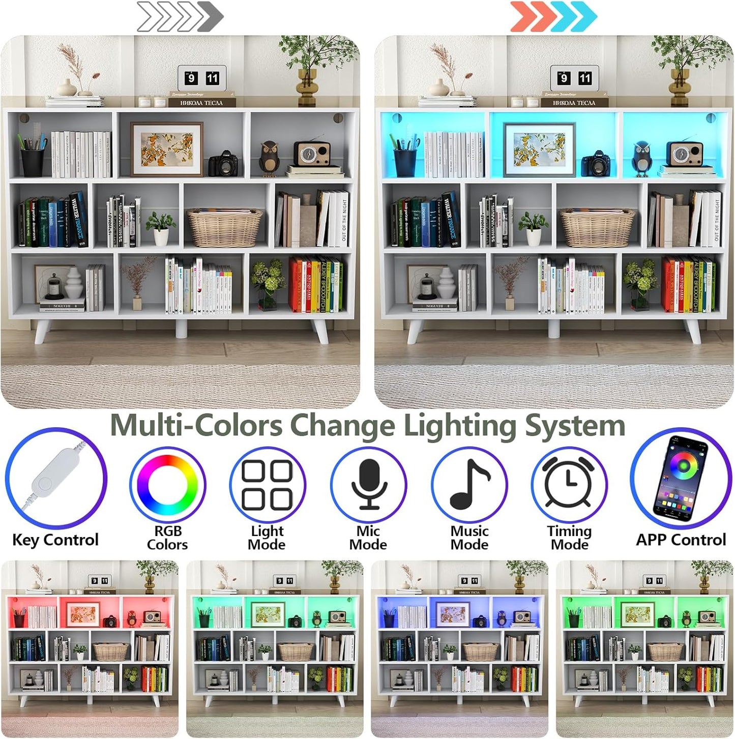 10 Cube Book Shelf with LED Lights, 3-Tier White Bookcase with Solid Wood Legs Modern Open Storage Organizer Kids Bookshelf Display Shelf for Living Room, Home Office (White, 10 Cube)