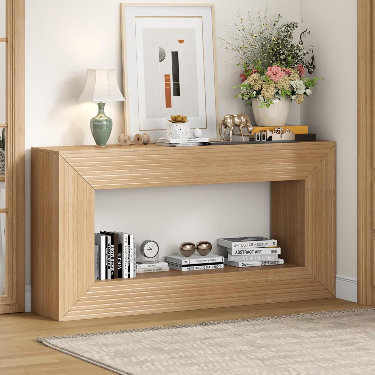 55" Console Table, 2-Tier Farmhouse Sofa Table with Storage Behind Couch, Narrow Rectangular Entryway Table for Living Room, Hallway, Entrance, Foyer, Natural