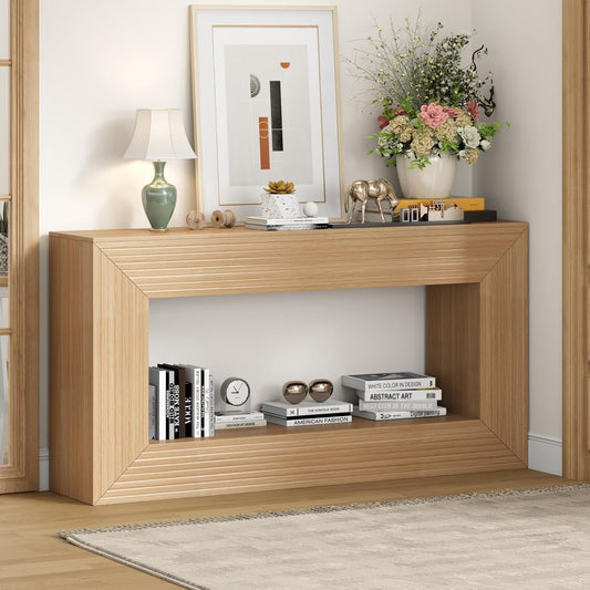55" Console Table, 2-Tier Farmhouse Sofa Table with Storage Behind Couch, Narrow Rectangular Entryway Table for Living Room, Hallway, Entrance, Foyer, Natural