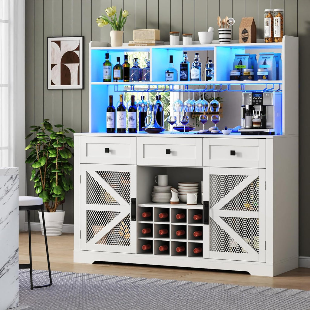 Wine Bar Cabinet with LED Lights, Farmhouse Coffe Bar with Mirror, 3 Drawers & Wine Rack, Kitchen Buffet Sideboard with Storage & Glass Holder, Liquor Cabinet Hutch (53.66" Tall)