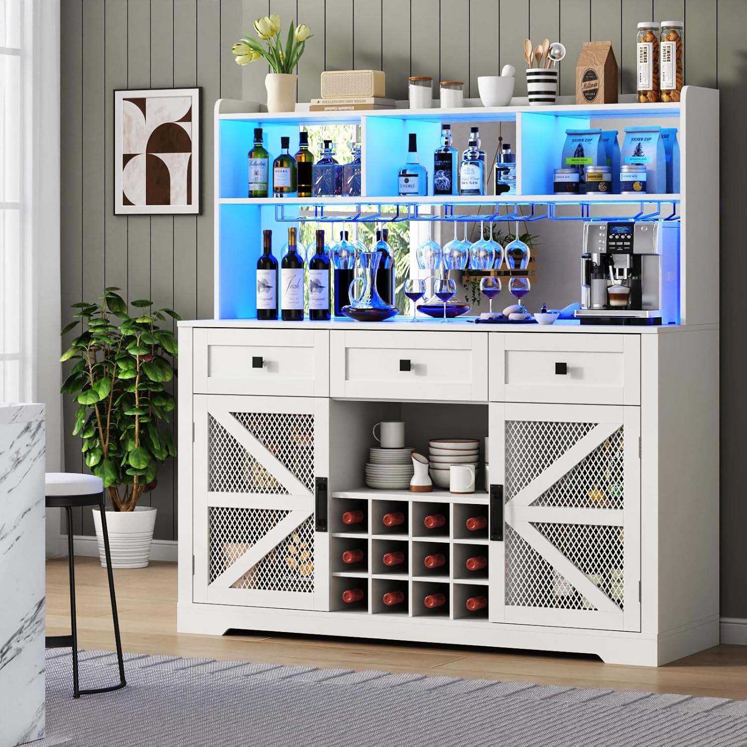Wine Bar Cabinet with LED Lights, Farmhouse Coffe Bar with Mirror, 3 Drawers & Wine Rack, Kitchen Buffet Sideboard with Storage & Glass Holder, Liquor Cabinet Hutch (53.66" Tall)