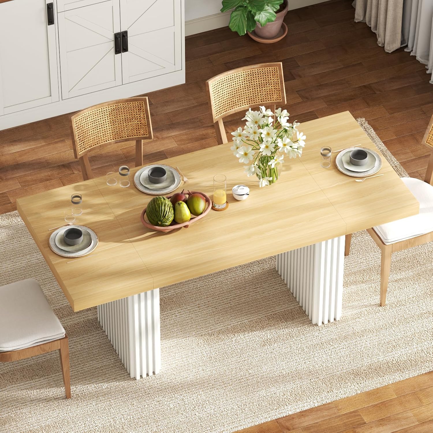 71" Large Dining Table for 6-8,Wood Dining Room Tables with Strip Base,Modern Rectangle Kitchen Table with Heavy Duty Legs for Kitchen, Dining Room (Natural)