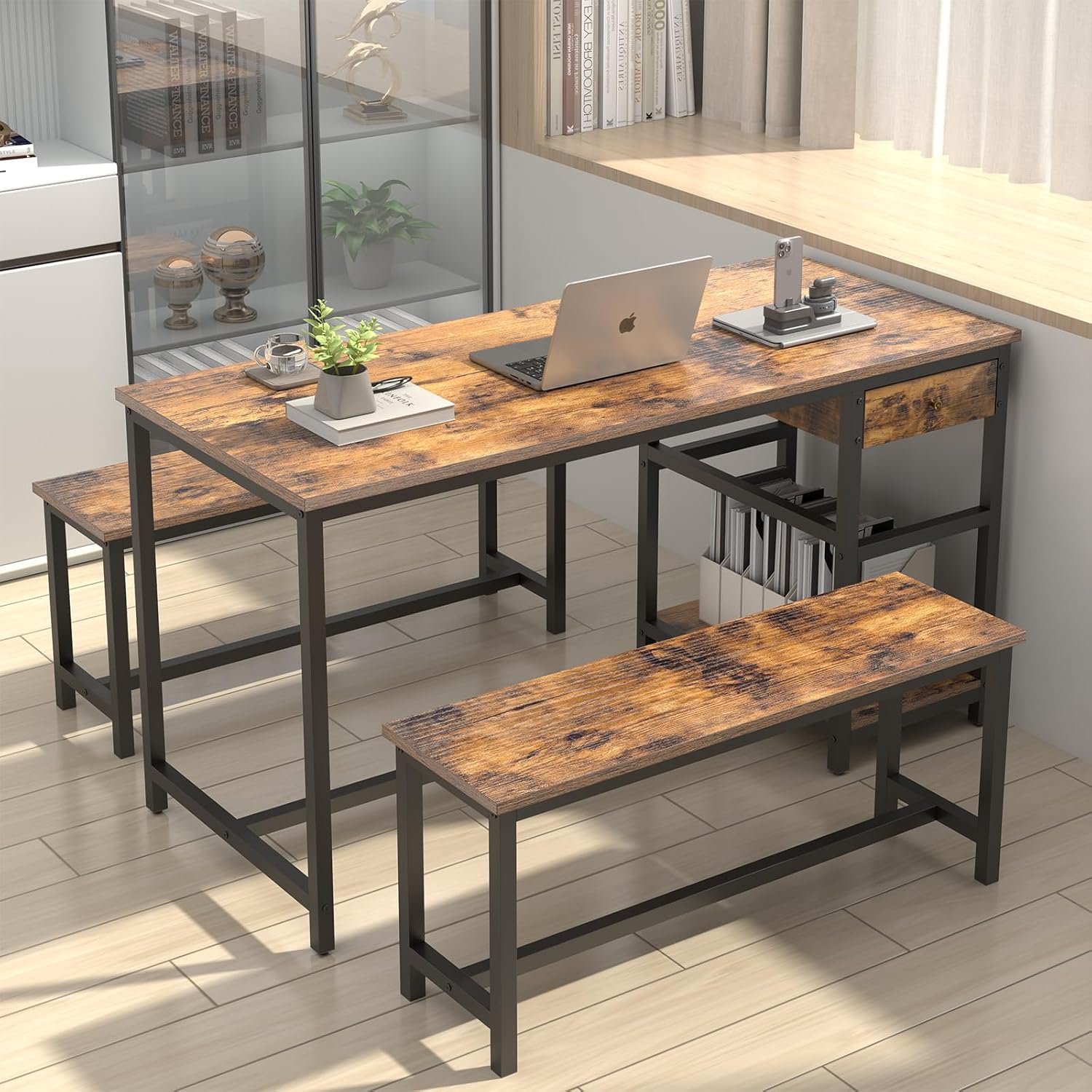 Dining Table Set for 4-6 People, 54.7" Kitchen Dinner Table with 2 Bench, Dining Room Tables Set with Storage Drawer & Shelf, 3-Piece Breakfast Nook Tables with Wine Rack &Glass Holder (Rustic)