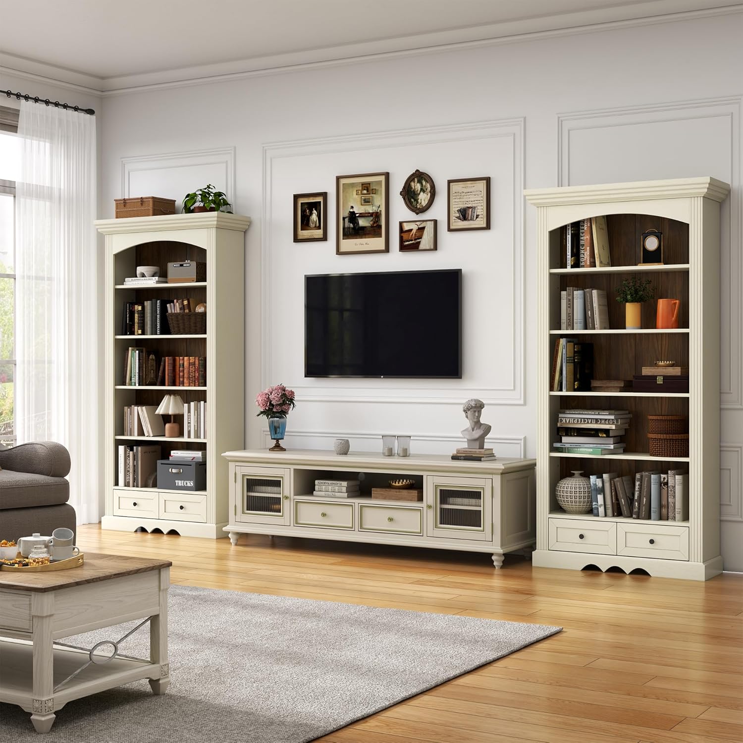 71’’ Tall Arched Bookcase with Stroage, Farmhouse 5-Tier Arch Bookshelf with Drawers, Freestanding Book Shelf with Adjustable Shelf and Roman Column Pattern for Home Office (1, White)