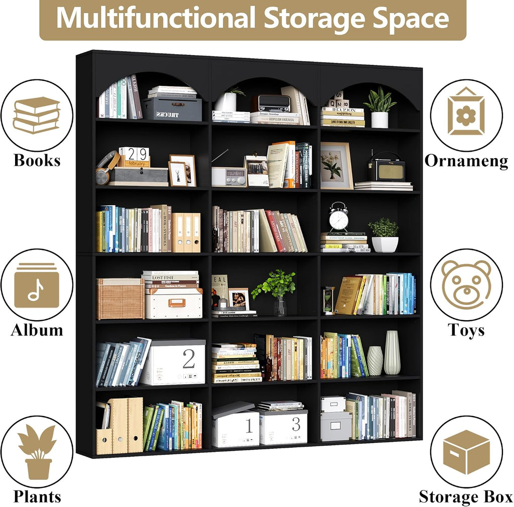 Gyfimoie 71’’ Triple Wide Bookshelf and Bookcase, 7-Tier Tall Arched Bookcase Modern Large Open Display Shelves with Curved Baffle for Home Office Living Room (Black, 71‘’H x 59''W x 9.25''D)
