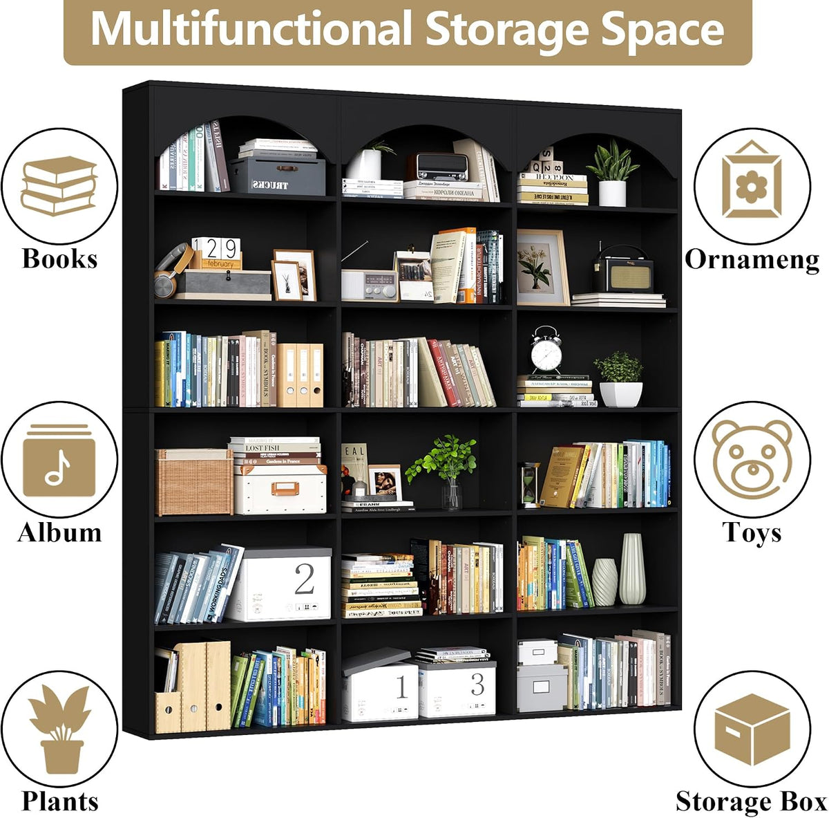 Gyfimoie 71’’ Triple Wide Bookshelf and Bookcase, 7-Tier Tall Arched Bookcase Modern Large Open Display Shelves with Curved Baffle for Home Office Living Room (Black, 71‘’H x 59''W x 9.25''D)