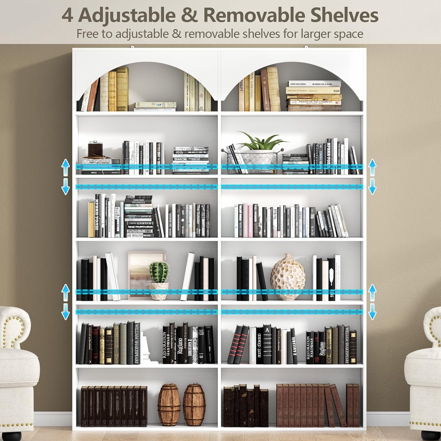 70.8’’ Tall Bookshelf and Bookcase of 2 pcs, 7-Tier Double Wide Bookcase Modern Large Open Display Shelves with Curved Baffle for Home Office Living Room (White-2pcs)