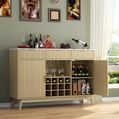 Wine Bar Cabinet with 3 Drawers，Home Liquor Cabinets with Wine and Glasss Rack, Fluted Coffee Bar Cabinet with Adjustable Shelves, Buffet Sideboard for Kitchen,Living Room, Dining Room, Entryway