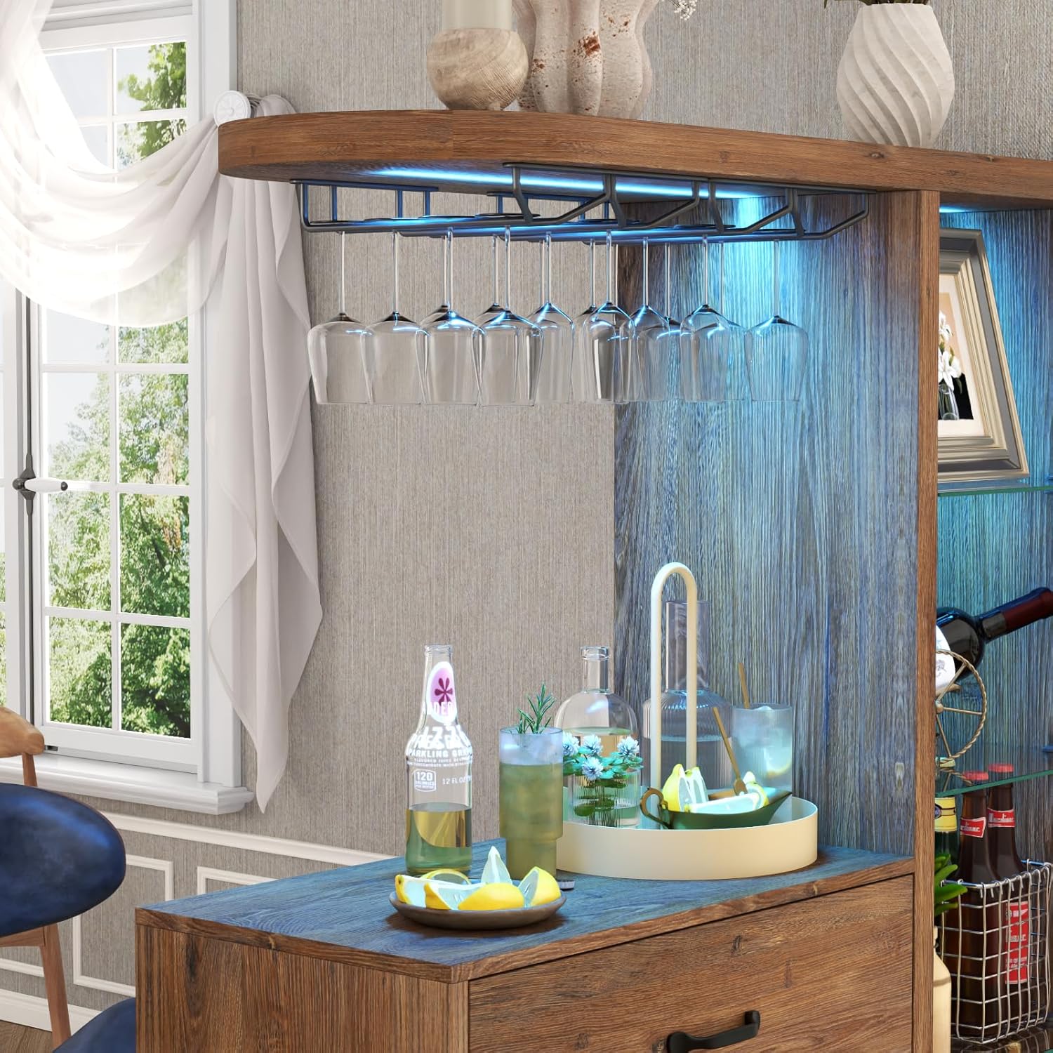 Bar Cabinet with LED Light,Wine Cabinet with Wine Glass Holder,Liquor Cabinet with Glass Display Cabinet,Coffee Bar with Storage and 2 Drawers,Bar Island for Home Dining Room (Vintage Brown)