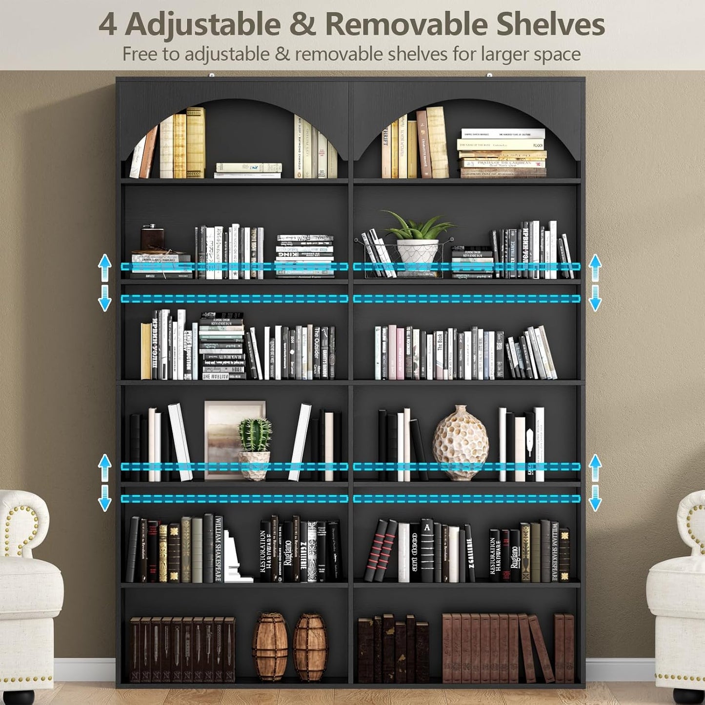 70.8’’ Tall Bookshelf and Bookcase, 7-Tier Double Wide Bookcase Modern Large Open Display Shelves with Curved Baffle for Home Office Living Room (Black)