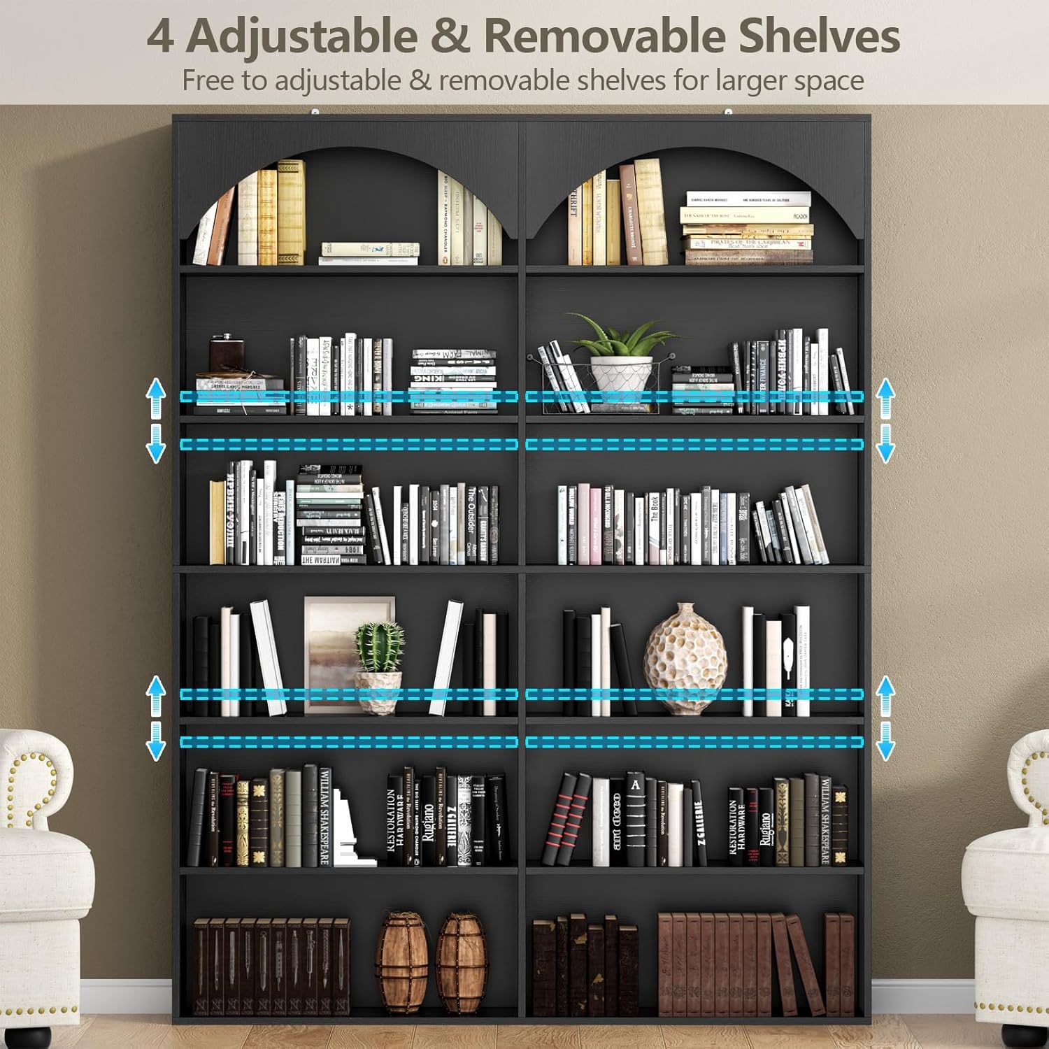 70.8’’ Tall Bookshelf and Bookcase, 7-Tier Double Wide Bookcase Modern Large Open Display Shelves with Curved Baffle for Home Office Living Room (Black)