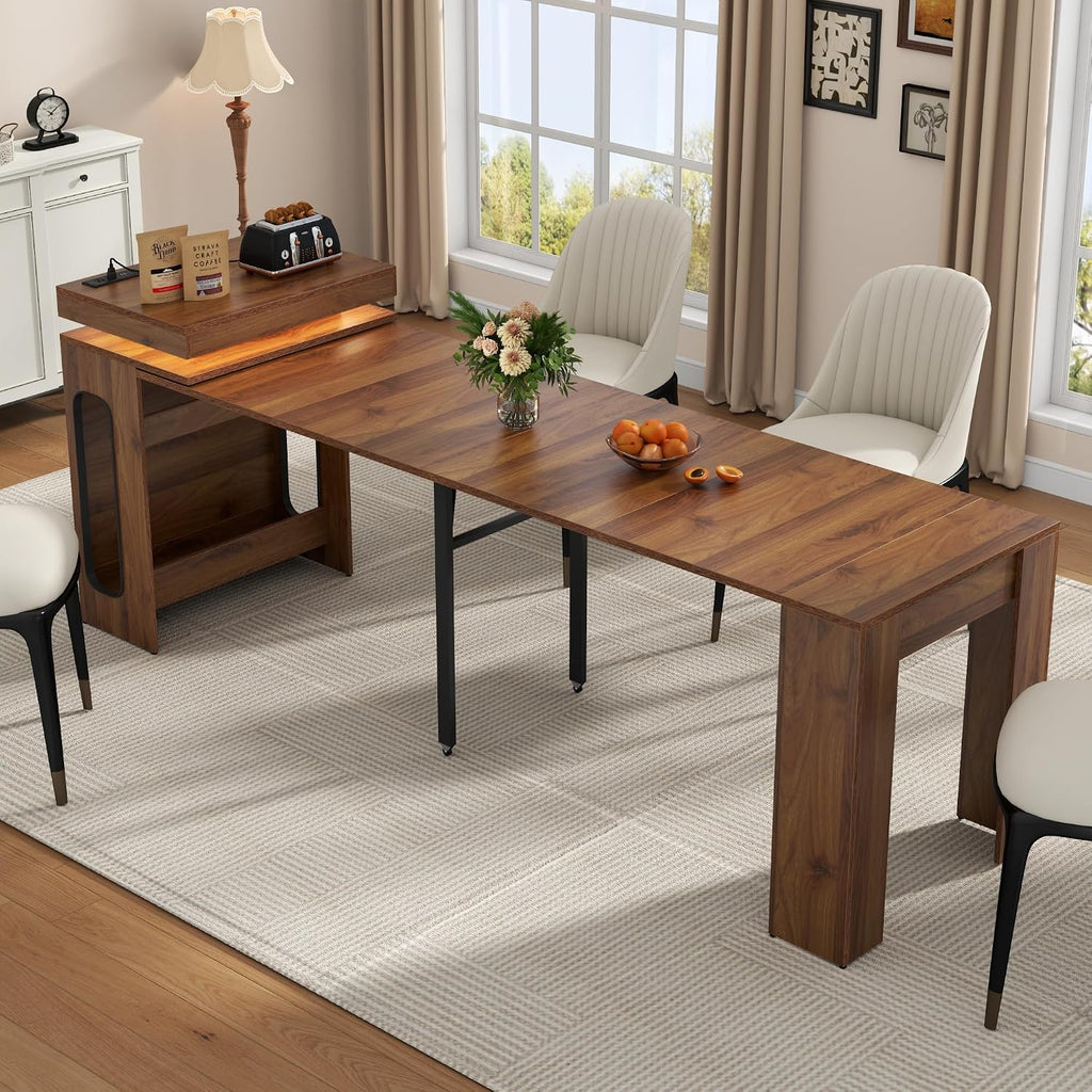 Extendable Dining Table with Charging Station, Convertible Folding Console Table for 6-8 People, Space-Saving Dining Table with LED Lights, Wood Rectangle Kitchen Table for Homes, Walnut (No Chairs)
