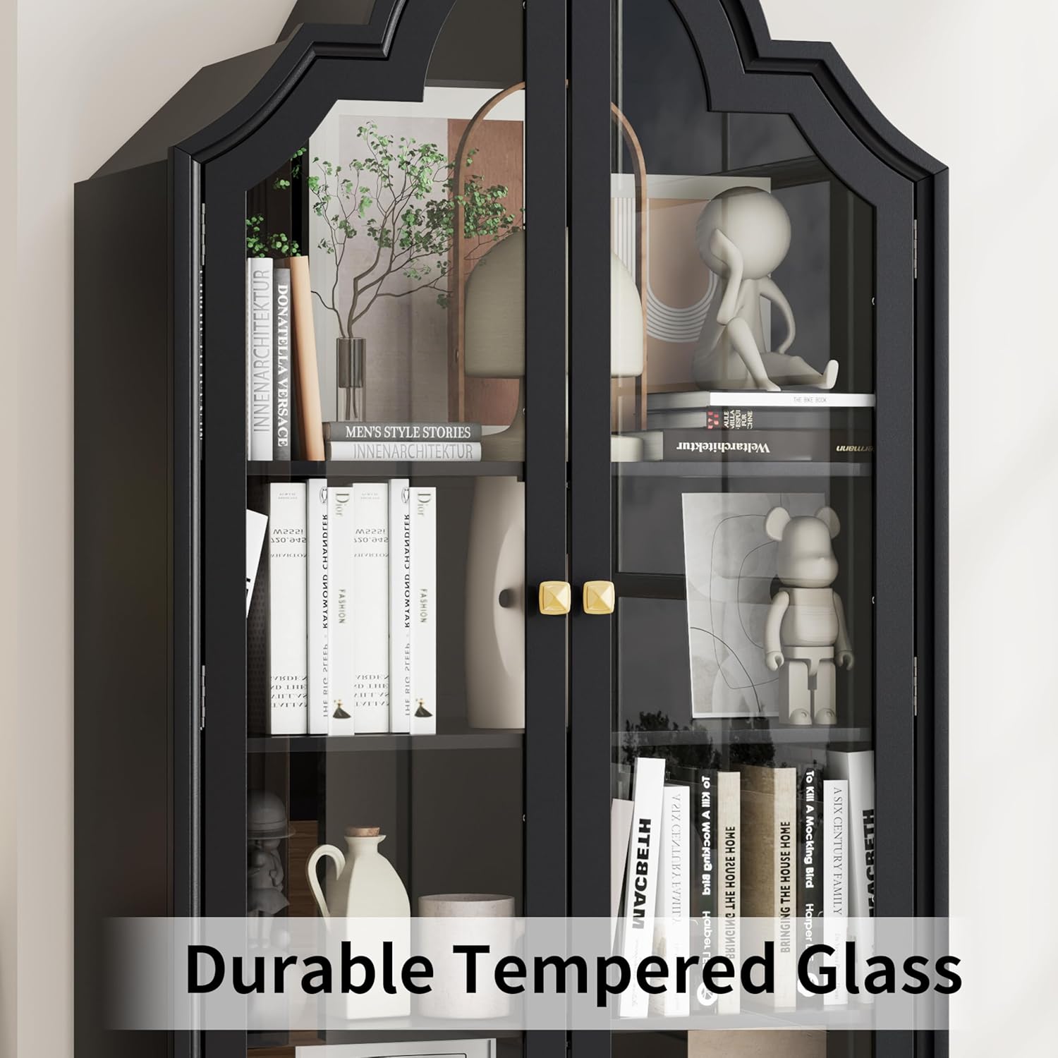 71" Tall Arched Cabinets, Bookcase with Storage, Mid-Century Modern 4-Tier Bookshelf with Glass Door, Display Cabinet with Large Drawer & Adjustable Shelf, Curved Pantry Cabinet, Black (Black)