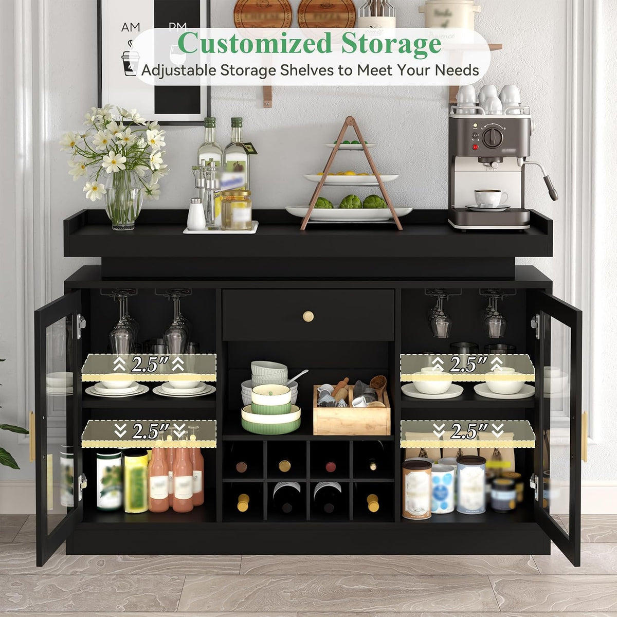 Wine Bar Cabinet with Led, Black Liquor Cabinet with Wine & Glass Rack