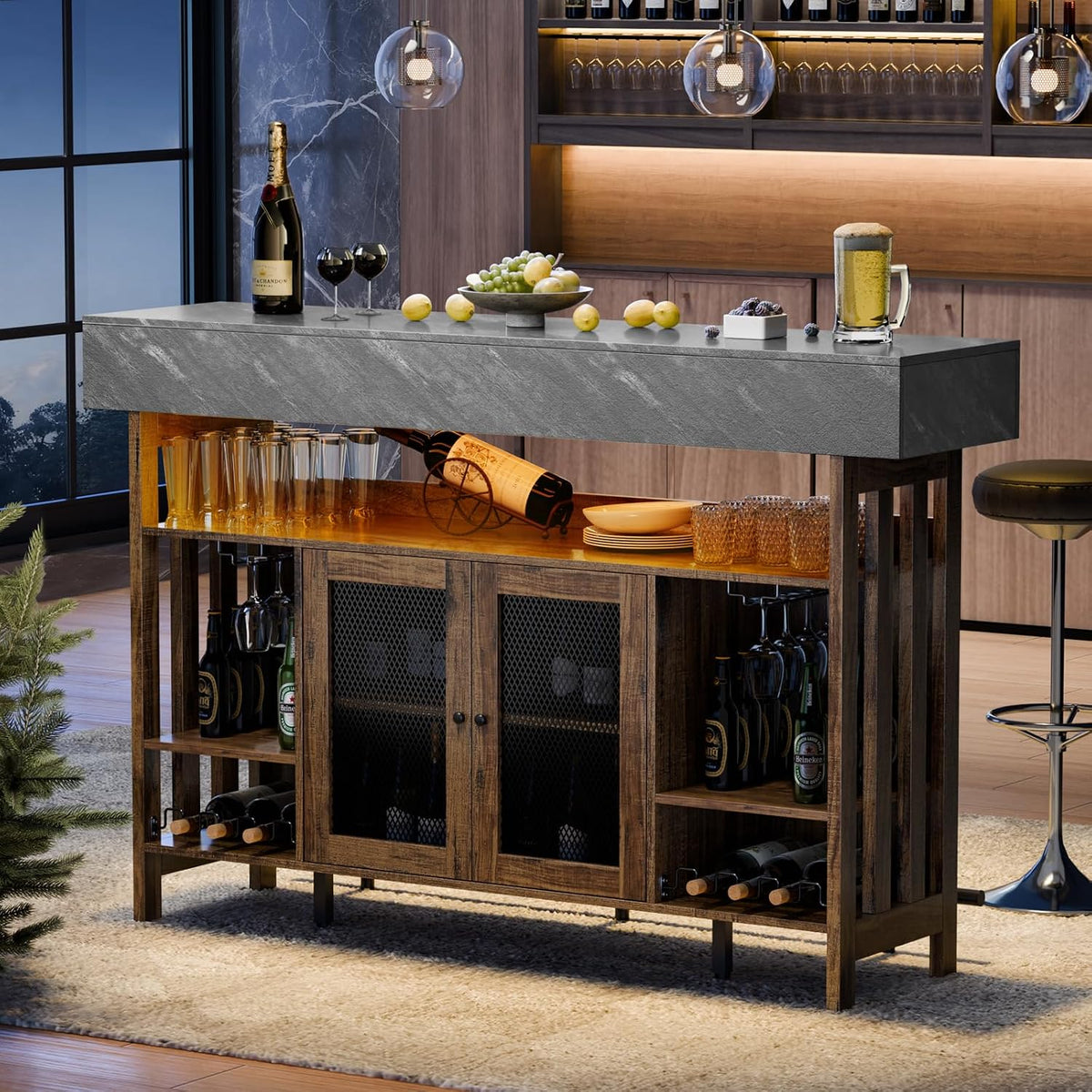 4-Tier Home Bar Unit, 63-Inch Wooden & Dark Gray Marble Bar Cabinet, LED Liquor Bars Station with Footrest, Wine Rack, Cabinet Door and 2 Drawers, Modern Bars Table with Storage for Home, Pub (Brown)